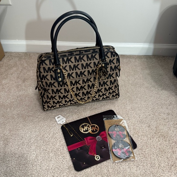 Michael Kors Handbags - Michael Kors Logo Satchel Bundle with inspired necklace, mousepad, car coasters